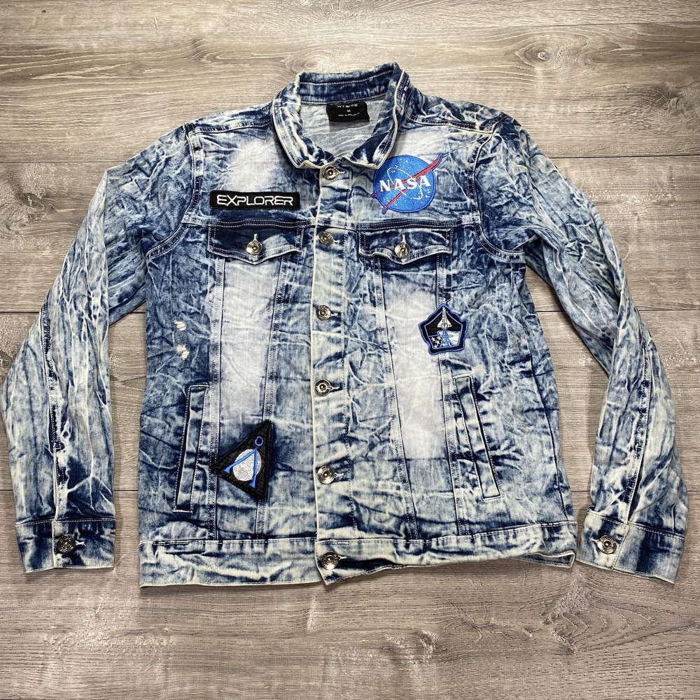 WT02 NASA Denim Jacket Mens Medium Blue Acid Wash Space Explorer Patch Jacket